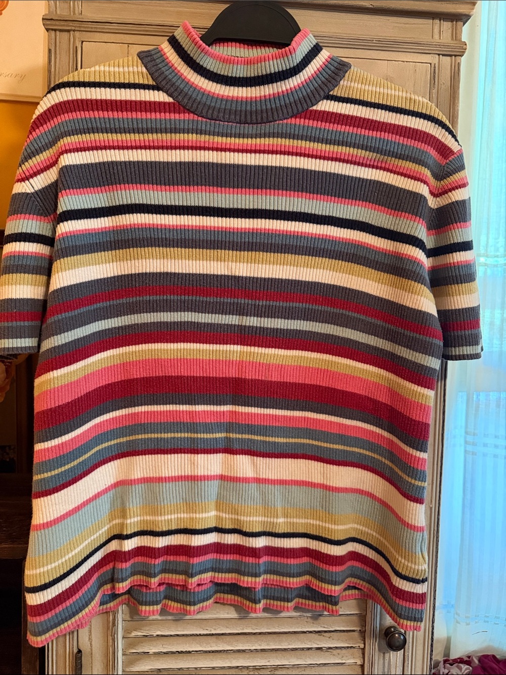 Jones Wear Striped Ribbed Mock Neck Top in Navy, Pink, Cream XL